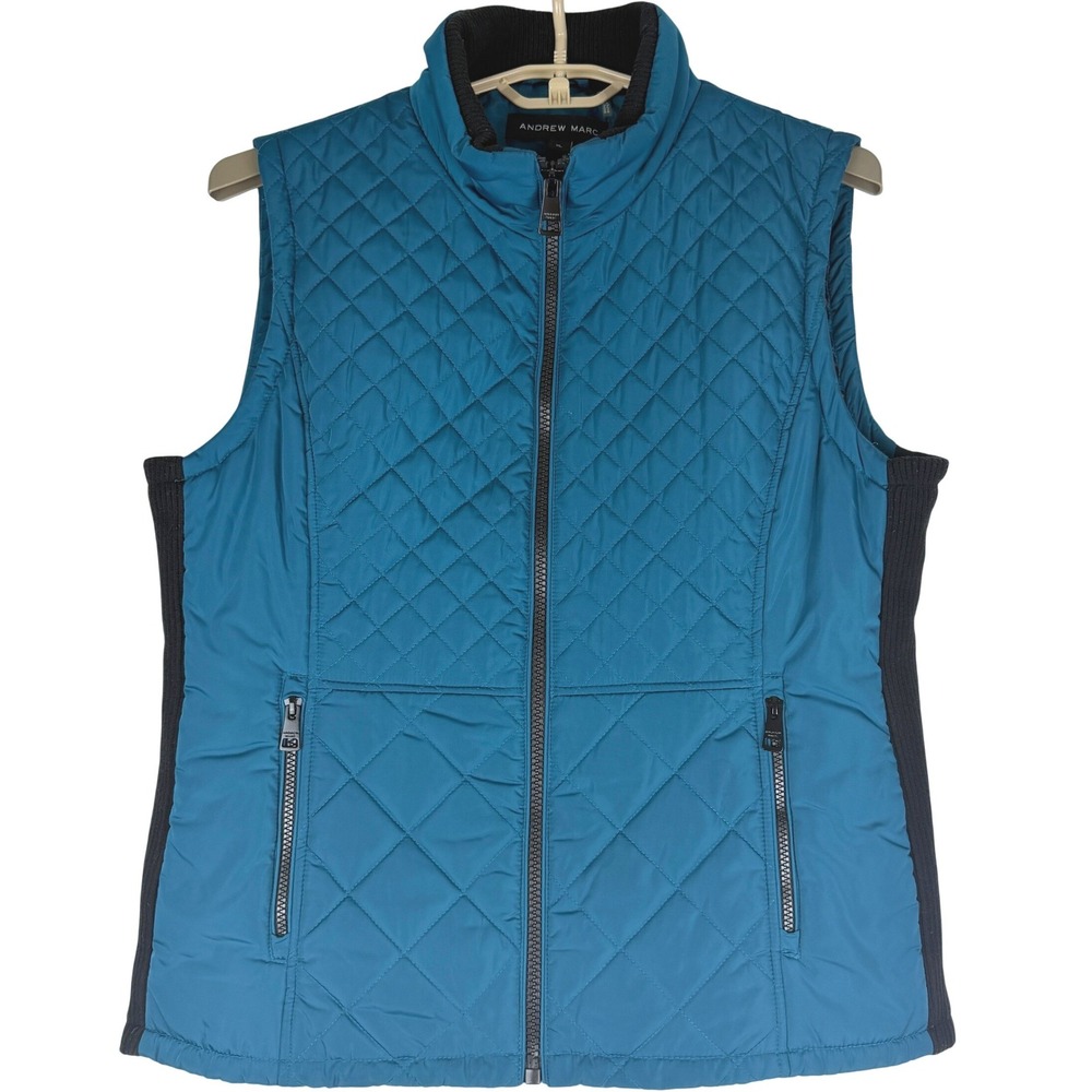 Andrew Marc Women's Vest XL Teal Blue Quilted Full Zip Stretch Side Panels